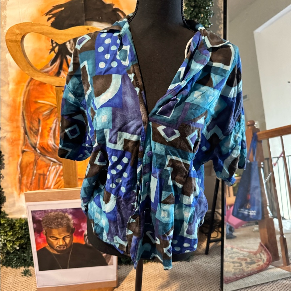 Geometric Blue Button-Up Shirt